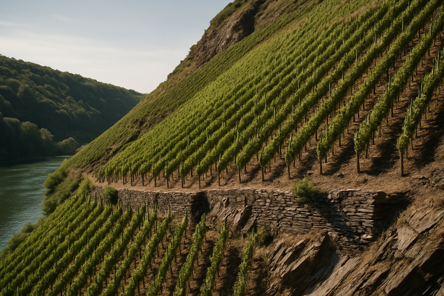 Steeply terraced Riesling vineyard rows on a slate slope above the Rhine, too steep for machinery