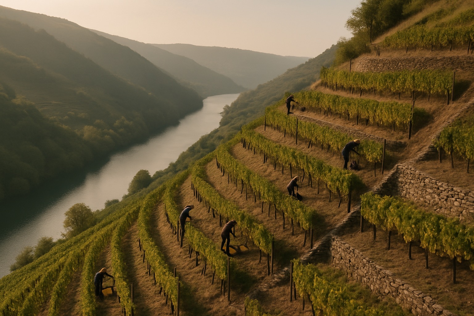 Workers hand-harvesting Riesling grapes on a steep terraced slate slope above the Rhine