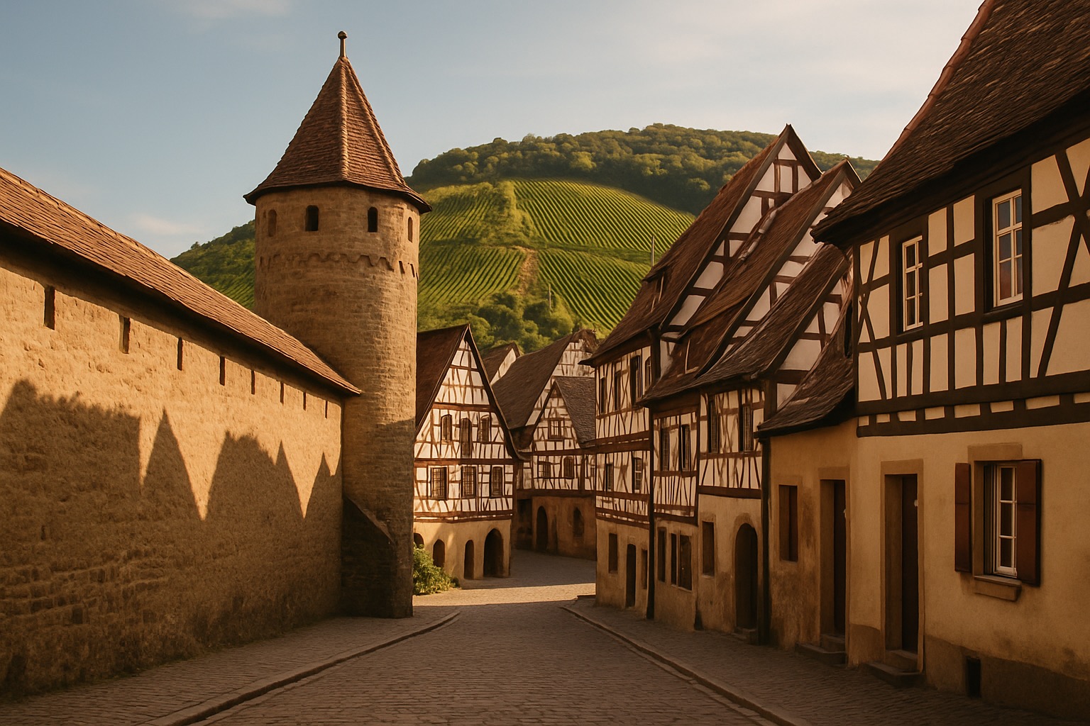 Half-timbered wine-town houses in Bacharach with vineyard-covered hills behind