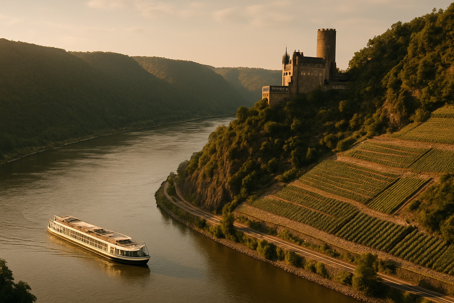 The Rhine gorge near St Goar with a hilltop castle above steep terraced vineyards and the river below