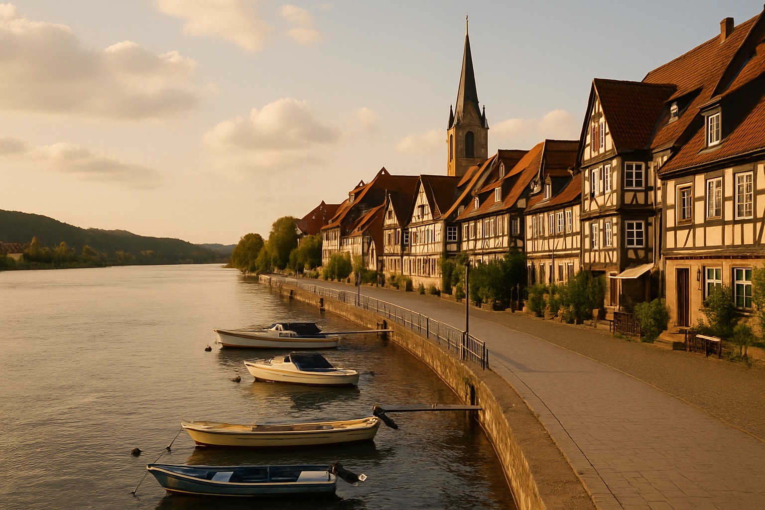 The riverside promenade at Boppard with half-timbered houses facing the Rhine
