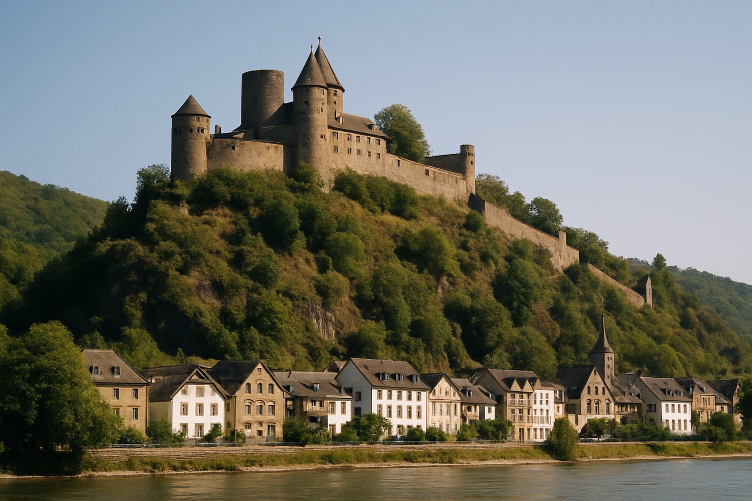 Marksburg Castle on its hilltop above the town of Braubach, the only Rhine castle never destroyed