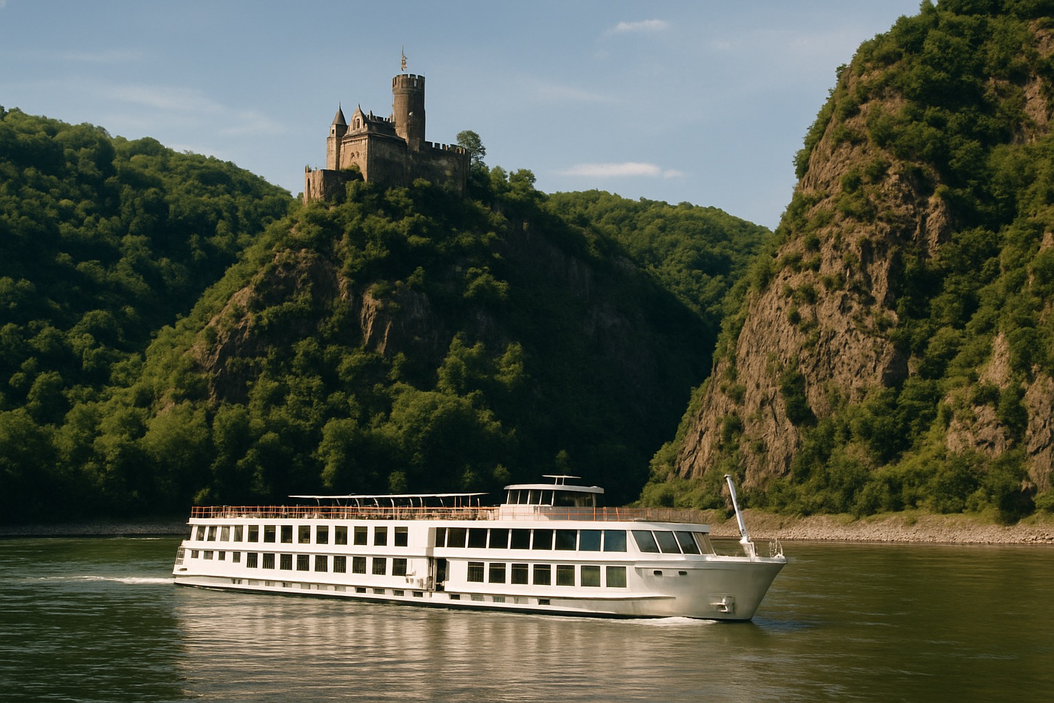 A white Rhine river cruise boat passing below a hilltop castle in the gorge